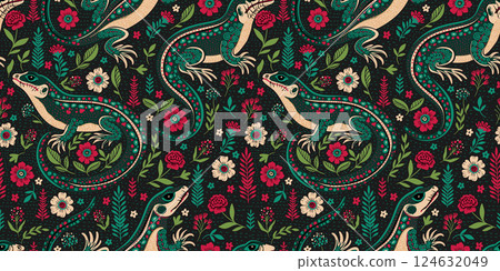 Seamless Vintage Pattern Forest Folk Art Batik Nouveau Lizard Animal Ethnic Floral Motif Retro Woodland Texture Boho Background 124632049