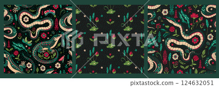 Seamless Birds Vintage Forest Woodland Pattern Set Nouveau Ethnic Folk Art Crane Birds Flowers And Leaves Motif On A Dark Background 124632051