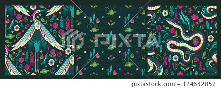 Forest Seamless Vintage Pattern Nouveau Boho Crane Bird Decorative Snake Motif Floral Elements Folk Art Style 124632052