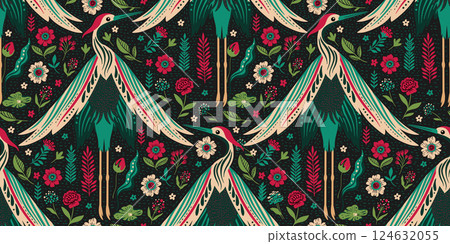 Seamless Vintage Forest Woodland Pattern Ethnic Folk Art Crane Birds Flowers And Leaves Motif On A Dark Boho Background 124632055