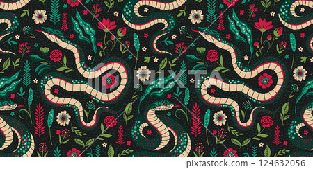 Seamless Vintage Pattern Folk Art Snake Ethnic Forest Floral Motif Retro Woodland Texture Background 124632056