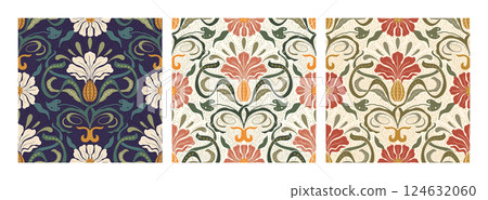 Art Nouveau Vintage Pattern Set Seamless Vector Background Baroque Floral Antique Motif Boho Ethnic Ornament Art Nouveau Vintage Pattern Set Seamless Vector Background Baroque Floral Antique Motif Boho Ethnic Ornament 124632060