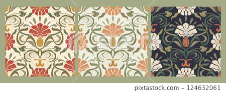 Art Nouveau Vintage Pattern Set Seamless Vector Background Baroque Floral Antique Motif Boho Ethnic Ornament 124632061