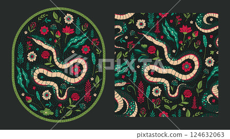 Vintage Boho Ethnic Snake Motif Card and Seamless Pattern Set Ornamental Batik Swamp Flower Bohemian Baroque Folk Art 124632063