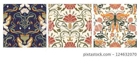 Art Nouveau Butterfly Flower Vintage Pattern Set Seamless Vector Background Antique Floral Motif Boho Bohemian Ethnic Ornament Art Nouveau Butterfly Flower Vintage Pattern Set Seamless Vector Background Antique Floral Motif Boho Bohemian Ethnic Ornament 124632070