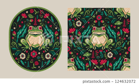 Vintage Boho Pattern Card Set Ornamental Toad Frog Among Swamp Flowers Ethnic Bohemian Baroque Motif 124632072