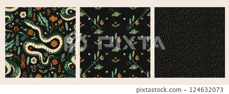 Seamless Vintage Pattern Set Collection Forest Folk Art Snake Texture Ethnic Floral Motif Retro Woodland Backgrounds Seamless Vintage Pattern Set Collection Forest Folk Art Snake Texture Ethnic Floral Motif Retro Woodland Backgrounds 124632073