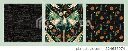 Seamless Bird Forest Woodland Vintage Pattern Texture Set Ethnic Nouveau Folk Art Crane Birds Flowers And Leaves Motif Boho Backgrounds Seamless Bird Forest Woodland Vintage Pattern Texture Set Ethnic Nouveau Folk Art Crane Birds Flowers And Leaves Motif Boho Backgrounds 124632074