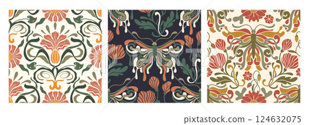 Art Nouveau Butterfly Flower Vintage Pattern Set Seamless Vector Background Antique Floral Motif Boho Bohemian Ethnic Ornament Art Nouveau Butterfly Flower Vintage Pattern Set Seamless Vector Background Antique Floral Motif Boho Bohemian Ethnic Ornament 124632075