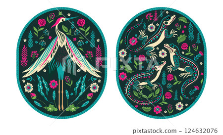 Vintage Boho Crane Bird and Lizard Ethnic Card Set Ornamental Batik Swamp Flower Bohemian Baroque Folk Enchanted Art 124632076