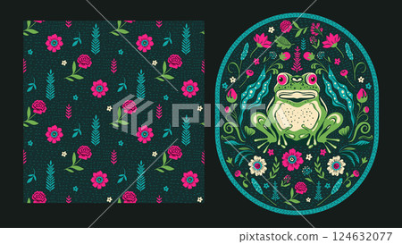 Vintage Boho Ethnic Frog Motif Card and Flower Seamless Pattern Set Ornamental Batik Swamp Bohemian Baroque Folk Art 124632077