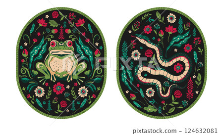 Vintage Boho Ethnic Card Set Ornamental Toad Frog Snake Batik Swamp Flower Bohemian Baroque Folk Art Motif 124632081