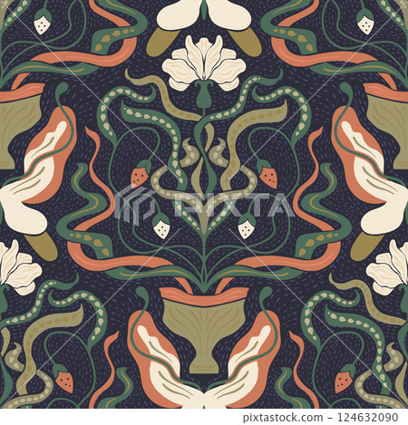 Art Nouveau Vintage Pattern Seamless Vector Background Baroque Antique Floral Motif Boho Bohemian Ethnic Ornament 124632090