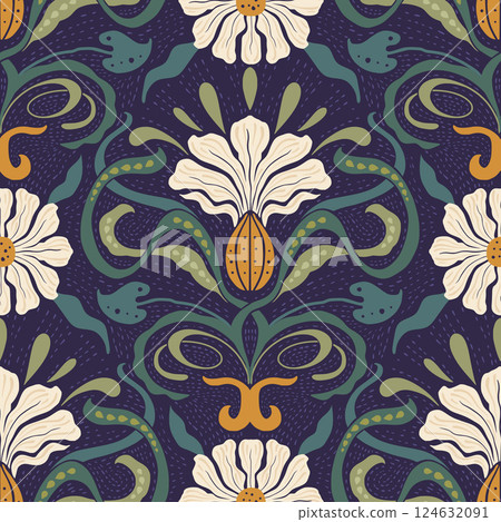 Art Nouveau Vintage Pattern Seamless Vector Background Baroque Antique Floral Motif Boho Bohemian Ethnic Ornament 124632091