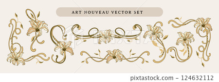 Art Nouveau Bohemian Baroque Motif Border Frame Set Lily Floral Elements And Ornamental Swirls In A Vintage Folk Style Art Nouveau Bohemian Baroque Motif Border Frame Set Lily Floral Elements And Ornamental Swirls In A Vintage Folk Style 124632112