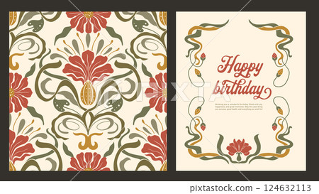 Floral Art Nouveau Frame Folk Seamless Vintage Pattern and Greeting Birthday Card Ornate Motif Vector Set 124632113