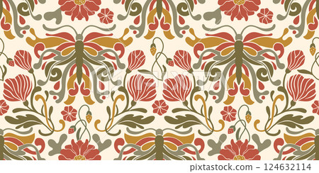 Art Nouveau Butterfly Vintage Pattern Seamless Vector Background Baroque Floral Antique Motif Boho Bohemian Ethnic Ornament 124632114