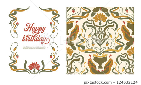 Floral Art Nouveau Frame and Folk Seamless Vintage Pattern Motif Vector Set Happy Bithday Greeting Card Floral Art Nouveau Frame and Folk Seamless Vintage Pattern Motif Vector Set Happy Bithday Greeting Card 124632124