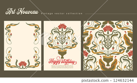 Floral Art Nouveau Frame Folk Seamless Vintage Pattern and Greeting Birthday Card Ornate Motif Vector Set Floral Art Nouveau Frame Folk Seamless Vintage Pattern and Greeting Birthday Card Ornate Motif Vector Set 124632144