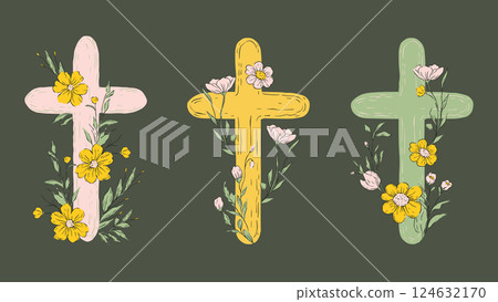 Easter Cross Sketch Set Rustic Collection Jesus Crosses Religion Catholic Vector Floral Vintage Pastel Flowers 124632170