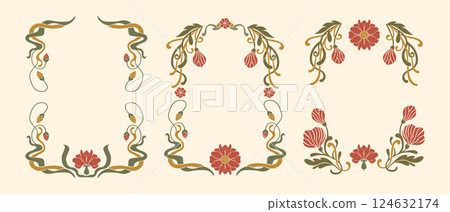 Art Nouveau Frame Ornament Set Vintage Floral Flower Antique Motif Boho Bohemian Ethnic Card Banner 124632174