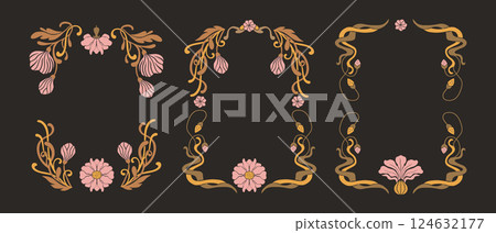 Art Nouveau Frame Ornament Set Vintage Floral Flower Antique Motif Boho Bohemian Ethnic Collection 124632177