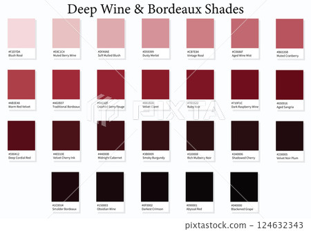 Color Swatches 28 Deep Wine and Bordeaux Shades - 3d Light Faded Reds to Dark Deep Tones - with HEX Codes and Names, Colour Palette, Scheme and Combinations 124632343