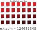 Color Swatches 28 Royal Ruby and Jewel Reds - 3d Bright Vibrant to Dark Deep Tones - with HEX Codes and Names, Colour Palette, Scheme and Combinations 124632348