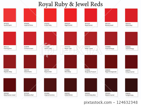 Color Swatches 28 Royal Ruby and Jewel Reds - 3d Bright Vibrant to Dark Deep Tones - with HEX Codes and Names, Colour Palette, Scheme and Combinations 124632348