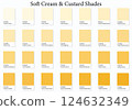 Color Swatches 28 Soft Cream and Custard Shades - 3d Light Faded Yellows to Bright Deep Tones - with HEX Codes and Names, Colour Palette, Scheme and Combinations 124632349