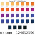 Color Swatches 32 Sunset and Twilight Shades - 3d Light, Orange, Pink, Blue to Dark Deep Tones - with HEX Codes and Names, Colour Palette, Scheme and Combinations 124632350