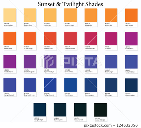 Color Swatches 32 Sunset and Twilight Shades - 3d Light, Orange, Pink, Blue to Dark Deep Tones - with HEX Codes and Names, Colour Palette, Scheme and Combinations Color Swatches 32 Sunset and Twilight Shades - 3d Light, Orange, Pink, Blue to Dark Deep Tones - with HEX Codes and Names, Colour Palette, Scheme and Combinations 124632350