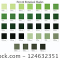 Color Swatches 32 Fern and Botanical Shades - 3d Light Faded Moss Greens to Dark Deep Tones - with HEX Codes and Names, Colour Palette, Scheme and Combinations 124632351