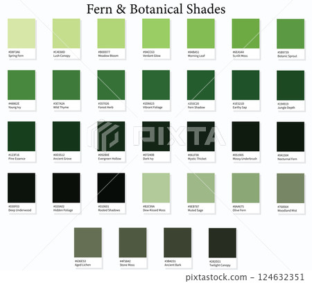 Color Swatches 32 Fern and Botanical Shades - 3d Light Faded Moss Greens to Dark Deep Tones - with HEX Codes and Names, Colour Palette, Scheme and Combinations Color Swatches 32 Fern and Botanical Shades - 3d Light Faded Moss Greens to Dark Deep Tones - with HEX Codes and Names, Colour Palette, Scheme and Combinations 124632351