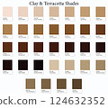 Color Swatches 32 Clay and Terracotta Shades - 3d Light Faded Browns to Dark Deep Tones - with HEX Codes and Names, Colour Palette, Scheme and Combinations 124632352