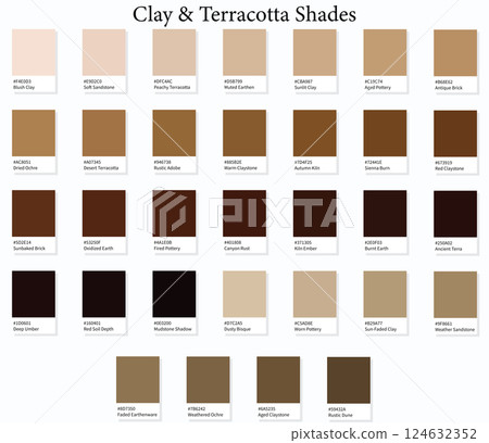 Color Swatches 32 Clay and Terracotta Shades - 3d Light Faded Browns to Dark Deep Tones - with HEX Codes and Names, Colour Palette, Scheme and Combinations 124632352