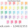 Color Swatches 32 Pastel Rainbow Shades - 3d Light Faded, Vintage Tones - with HEX Codes and Names, Colour Palette, Scheme and Combinations 124632353