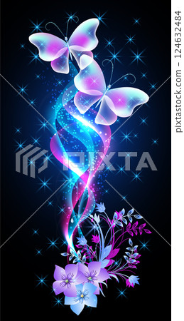Fantastic butterflies and magical curving transparent smoke waves, flowers with glowing stars on dark blue night background Fantastic butterflies and magical curving transparent smoke waves, flowers with glowing stars on dark blue night background 124632484
