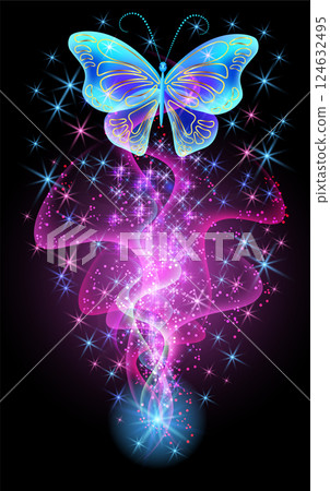 Fantastic butterfly and magical curving transparent waves with glowing stars on night dark background Fantastic butterfly and magical curving transparent waves with glowing stars on night dark background 124632495