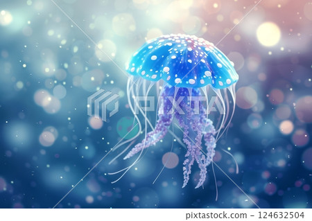 A vivid blue jellyfish adorned with white dots gently drifts through a serene underwater setting illuminated by soft shimmering lights, creating a magical atmosphere 124632504