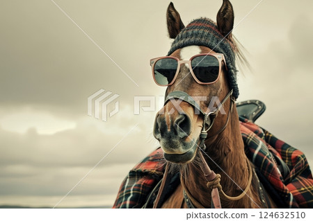 A horse with sunglasses and a beanie hat stands proudly under a cloudy sky, showcasing a unique and stylish look in a playful atmosphere 124632510