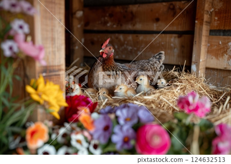A mother hen sits comfortably in her cozy nest, surrounded by her adorable chicks, while colorful flowers enhance the serene farm setting during daylight 124632513