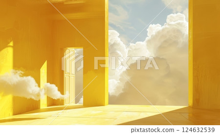 Bright yellow walls frame an open space where white clouds float engagingly, allowing sunlight to illuminate the serene environment 124632539