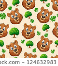Minimalistic vector seamless pattern of repeating bear faces, trees and leaves on beige background. Suitable for textile design, background for children's party or packaging 124632983