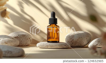 A bottle of face serum with amber liquid, lying on top of rocks.  A bottle of face serum with amber liquid, lying on top of rocks.  124632985
