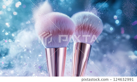 Beauty cosmetic brush with powder explosion on a dark background.  124632991