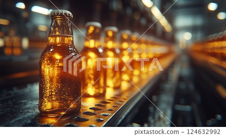 Close-up of beer bottles on the production line in a modern factory.  124632992