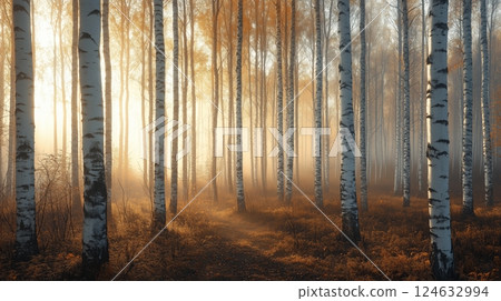 Birch forest in early spring, close-up shot focusing on the repetition of tree trunks as a pattern. 5 124632994