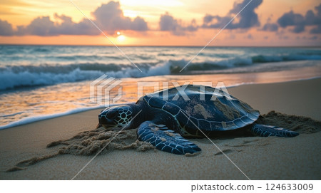 A black leatherback sea turtle is lying on the beach, ocean waves lapping behind it.  124633009