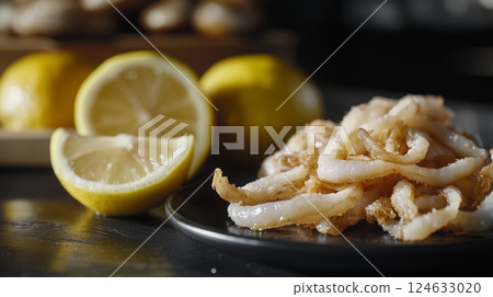 A kitchen with a plate of sliced fried seafood and a lemon cut in half.  A kitchen with a plate of sliced fried seafood and a lemon cut in half.  124633020